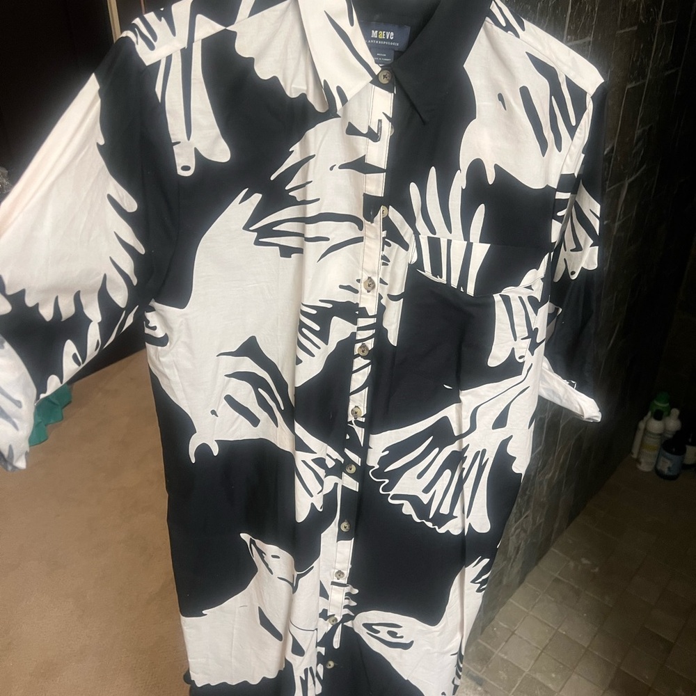 Anthropologie Maeve the Soren black and white bird print midi shirt dress